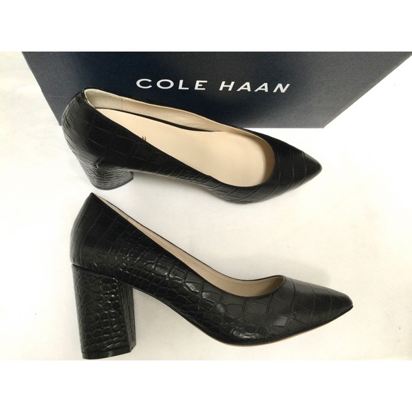 Cole Haan Karena Black Leather Pump Crocodile Print Leather Block Heel Shoes 10 - Picture 11 of 14